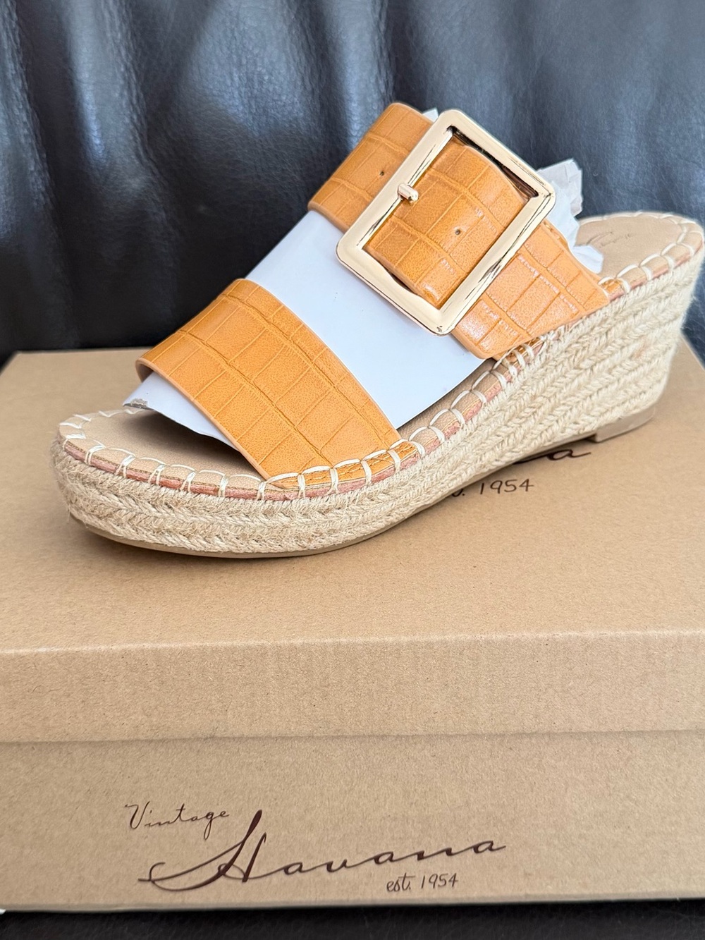 Vintage Havana Yellow-White Buckle Espadrille Wedge Sandal